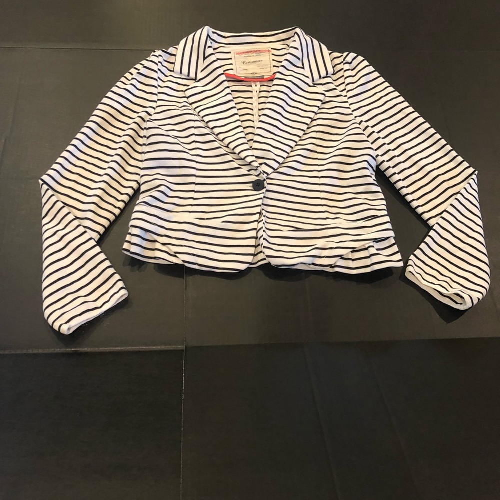 Anthropologie Cartonnier Black White Striped Jersey Blazer Ruffle Back Detail